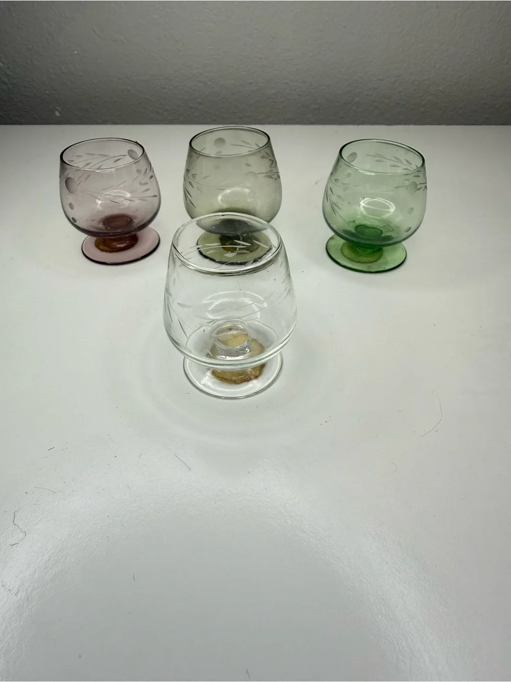 Vintage Japan Hand Cut Mini Brandy Snifter Glasses Set of 4 Colored Etched